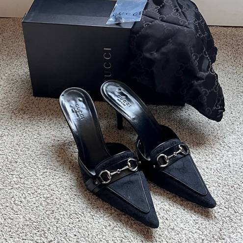 Gucci Black GG Canvas and Leather Horse-Bit Pointed Mules Women’s Size 8
