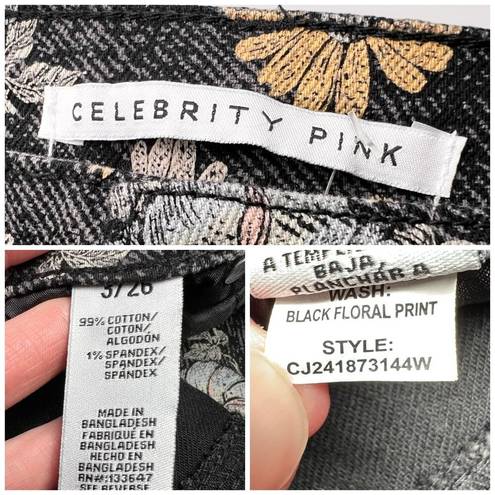 Celebrity Pink High Rise Mom Jeans Black Denim Floral Print Size 3