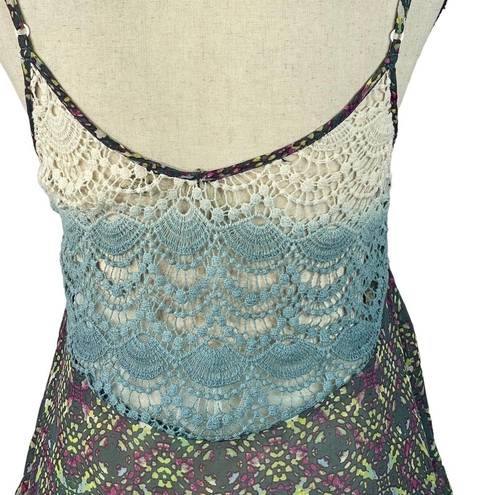 Gimmicks by BKE  Small Boho Tank Top Abstract Crochet Accents Semi-Sheer Multi