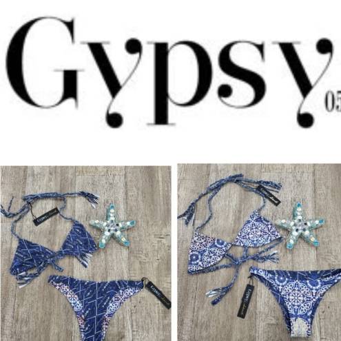 Gypsy 05 NEW!  SAND Bikini Size S Small Racerback Top Cheeky Bottoms Blue Print