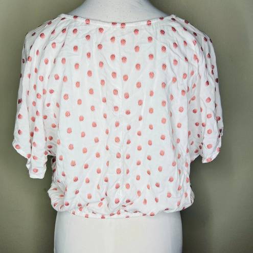 Sim & Sam  Tie Front Top LARGE White & Pink Batwing Dolman V-Neck Polka Dot