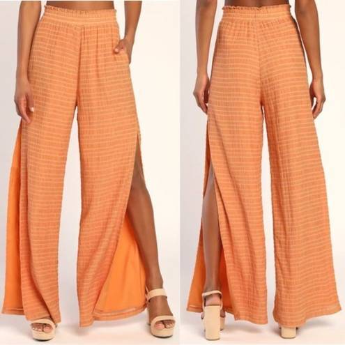 Lulus  Orange Striped Smocked Slit Wide-Leg Pants Size L NWT