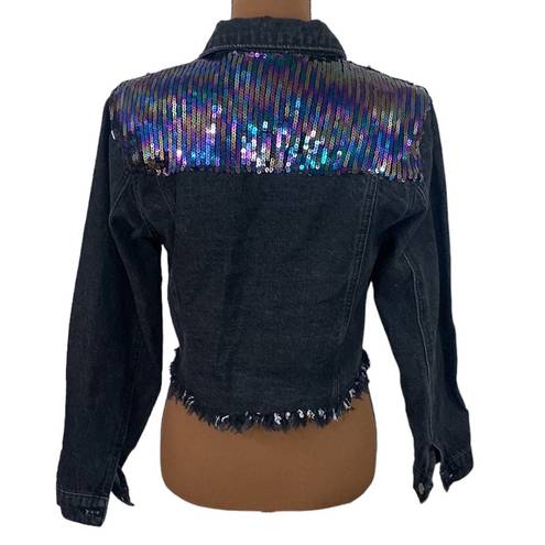 Le lis  shimmer and shine sequined cropped denim jacket with fringe hem size S