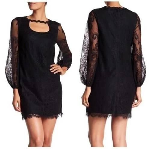 Trina Turk  Lace Overlay Mini Dress Cut Out Neckline Sheer Balloon Sleeve Black 4