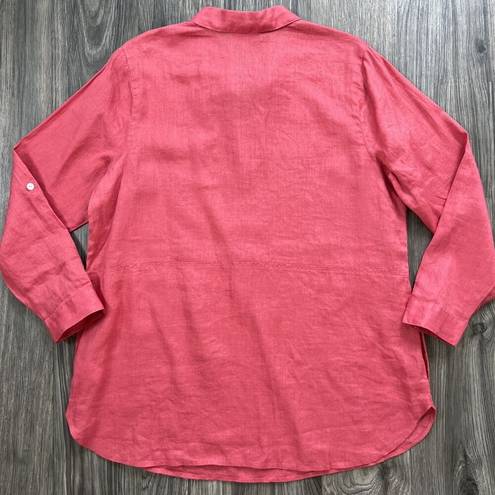 J.Jill  Love Linen Red Long Sleeve Roll Tab Button Blouse Size Large Petite