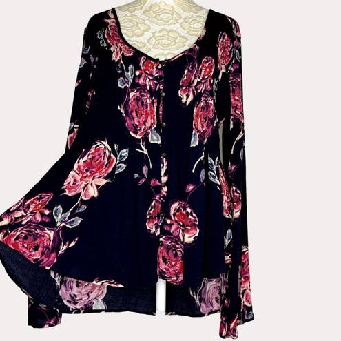 Shyanne  Smocked Boho High Low Swing Top Blouse Floral Black Pink L bv