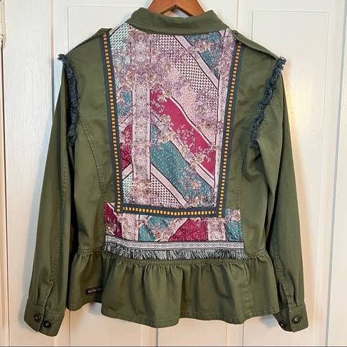 Matilda Jane  Lightweight Olive Green Boho Patchwork Ruffle Hem Jacket Sz Medium