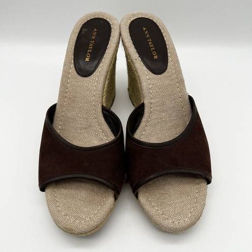 Ann Taylor Brown Suede Slip On Open Toe Jute Wrapped Wedge Platform Heels Size 8