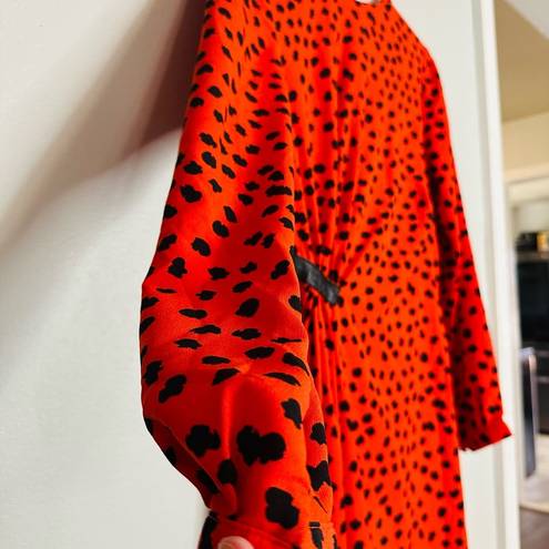 Hunter Bell  Orange Black Animal Print Lawton Polka Dot Ruched Midi Dress Size 6