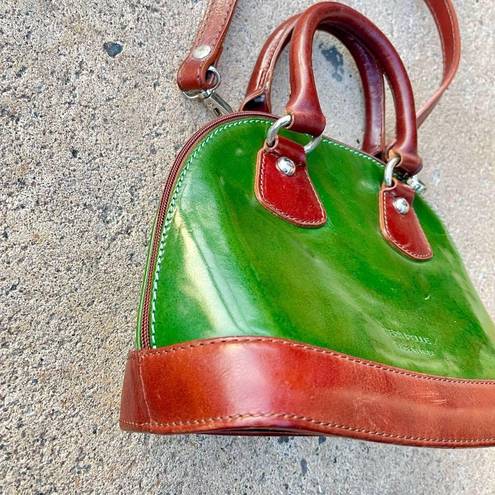 Vera Pelle Vintage Purse Di  Green Leather Dome Satchel Crossbody Made in Italy.