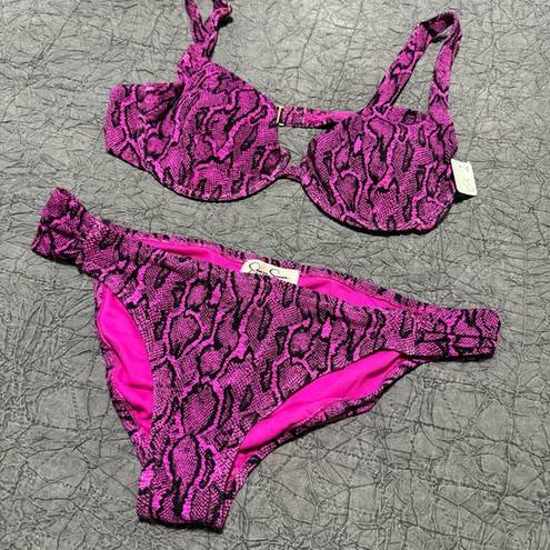 Jessica Simpson NEW  Pink Magenta Snake Print Ribbed Bikini Set Underwire Top