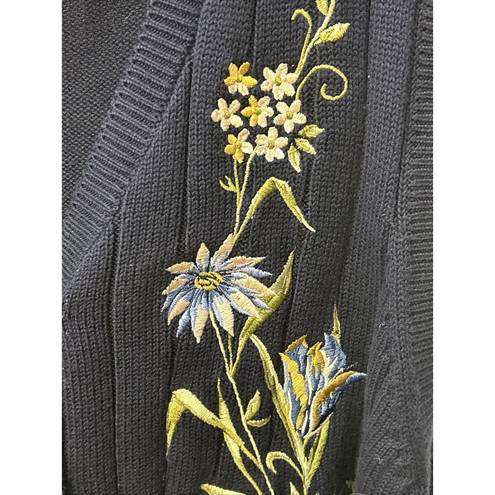 Vintage Alfred Dunner Floral Embroidered Button Up Sweater Vest Navy Blue XL