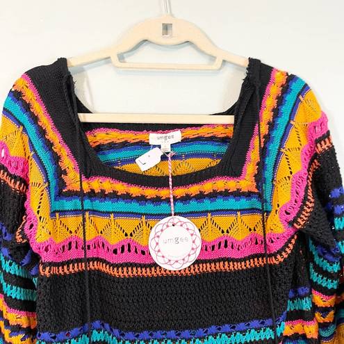 Umgee  Women's Multicolor Square Neck Crochet Knitted Pullover Sweater Large NWT