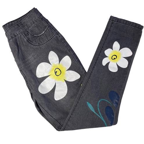 Daisy Y2K Black Denim Button Front High Rise Jeans with  Flowers Medium 28 Waist