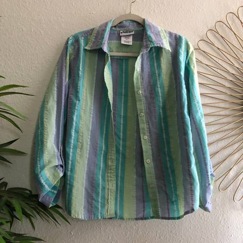 90s vintage blue and green striped button up shirt Size M