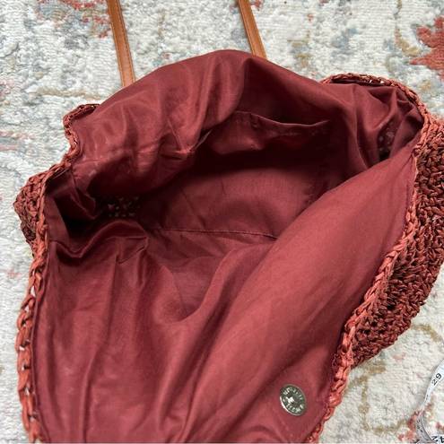 American Eagle  Straw Beach Bag Circular Rust Dark Red Tote with Pom Poms