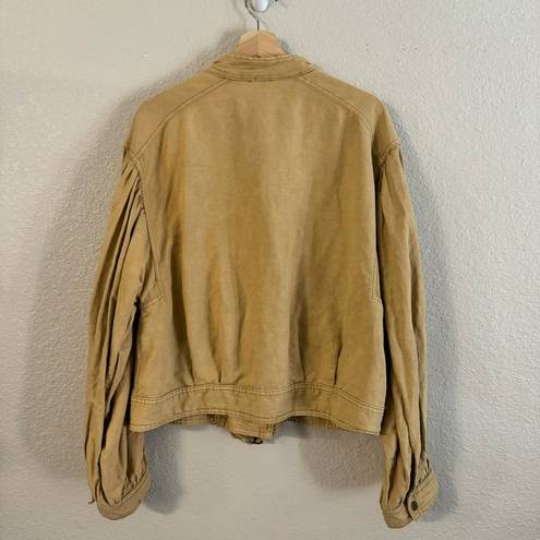 Free People  Poet Full Zip Jacket Puff Sleeves Moto Bomber Tan Boho size large