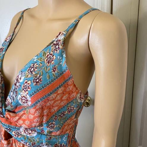 Angie NWT  Boho Knot Front Printed Maxi Dress Blue Orange Size Medium