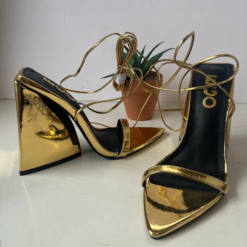 EGO  Gold Lace Up Chunky Heeled Womens Sandals Shoes Size 5 Shiny Pointed