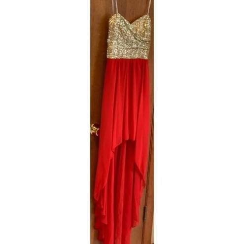 B Darlin  Strapless Red and Gold Sequin Top High Low Dress