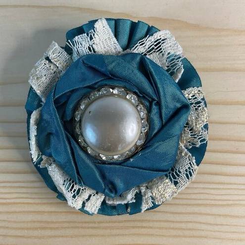 Vintage Blue  Satin Lace Silver Pearl Prom Corsage Brooch Pin