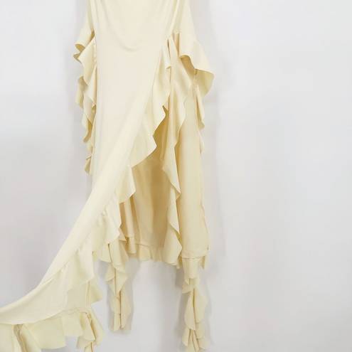 Micas NEW  Ruffled Hem Slit Maxi Dress Stretch Bodycon in Cream Small