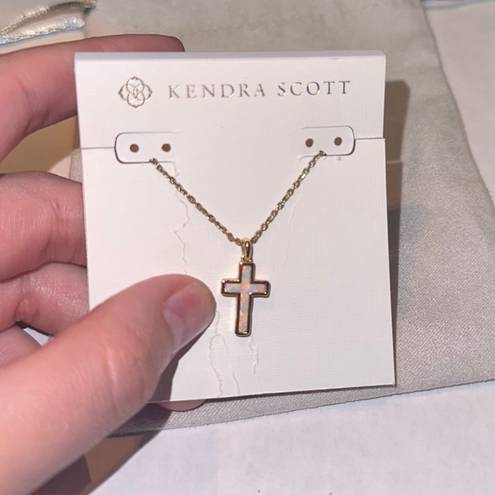 Kendra Scott Cross Gold Pendant Necklace in White Kyocera Opal