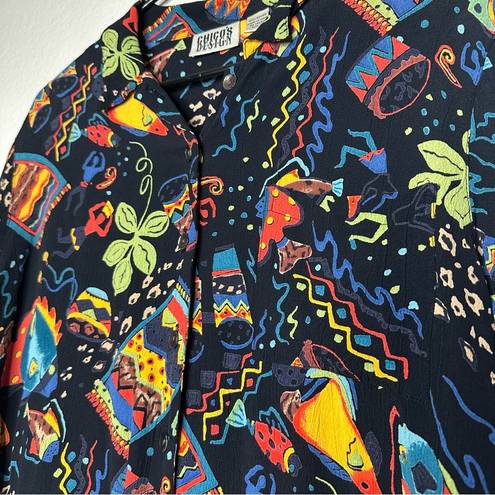 Chico's Vintage  Womens Novelty Print Casual Button Down Short Sleeve Top 0 Rayon