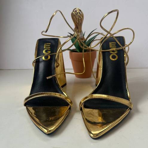 EGO  Gold Lace Up Chunky Heeled Womens Sandals Shoes Size 5 Shiny Pointed