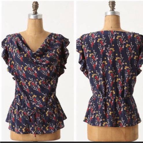 Anthropologie  Odille Salix Silk Petal Floral Cowl Drape Neck Blouse | Navy | S