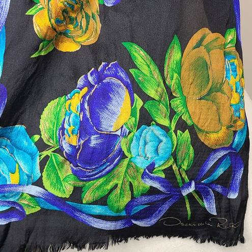 Oscar de la Renta  Vintage Black and Floral‎ Silk Scarf With Fringe