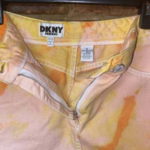 DKNY  Custom Tie Dye Orange Yellow Mini Denim Jean Skirt Women's Size 8