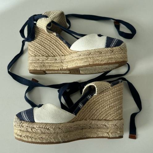 Coach  Fern Navy/Tan/Chalk Ankle Wrap Espadrille Platform Wedges Size 7