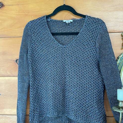 Helmut Lang  Blue Gray Linen Open Crochet V-Neck Pullover Sweater Size PS