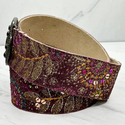 Chico's  Vintage Genuine Leather Floral Sequin Embroidered Belt Size Medium M