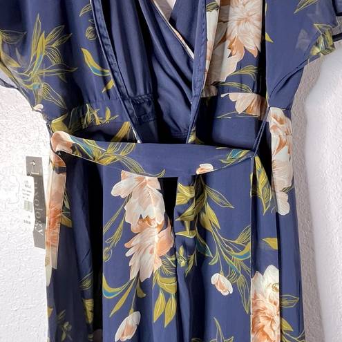 Luxology Navy Floral Print Chiffon High Low Faux Wrap Dress Size 16 New!