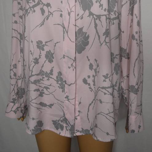 DKNY  Button Up Floral Blouse Dress Shirt Pink Long Sleeve Grey Tree Large