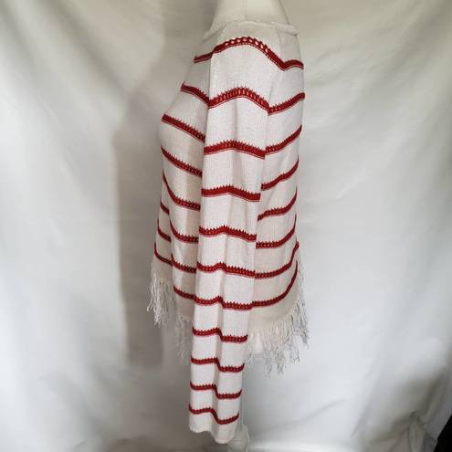 W By Worth  Womens Sweater Size S Stripe Fringe Open Knit White Red Long Sleeve