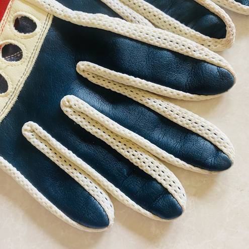 VTG Driving Gloves Women O/S White Stretch Nylon Spandex Leather Mesh Red Blue