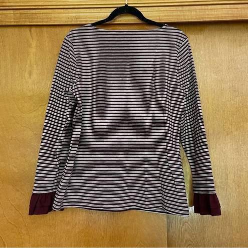 Talbots  Striped Metallic Ruffle Cuff Burgundy Long Sleeve Shirt Size Medium