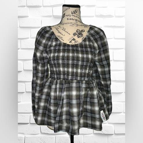 Tommy Hilfiger Tommy Jeans Womens Size Medium Plaid Peplum Smocked Top •Scoop Neck Long Sleeves