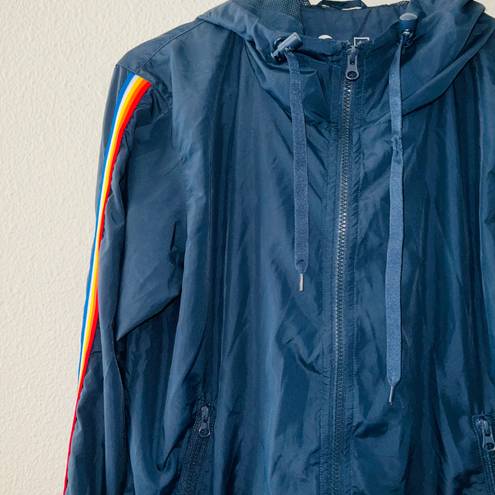 Zyia  Active Navy Blue Rainbow Striped Sleeve Windbreaker Bomber Jacket