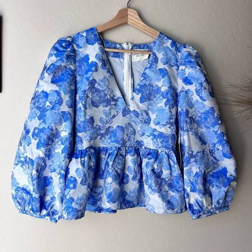 Tuckernuck  NEW Hyacinth House Blouse Blue Jacquard Puff Sleeve Eleanor Top Sz S