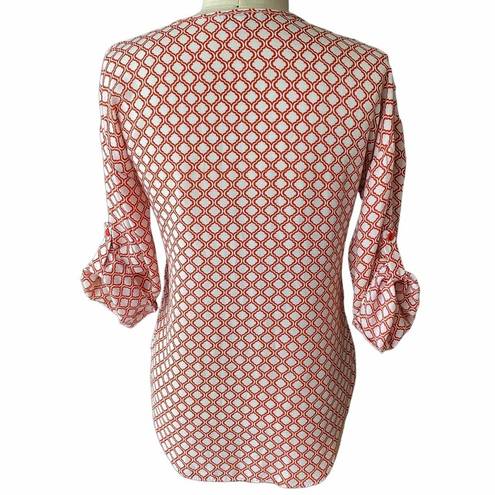 Moa Moa  Rust Geometric Print 3/4 Sleeve White Blouse ~ Women's Top Size MEDIUM