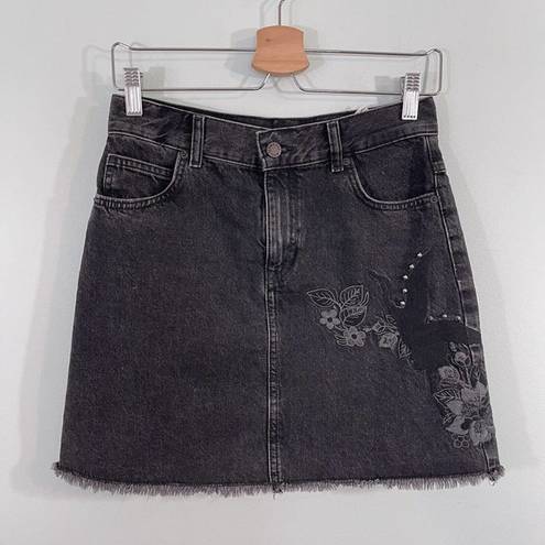 Mango  Women's Black Floral Embroidered A-line Denim Skirt Size XS