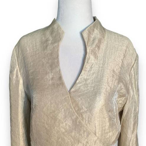 Dress Barn Vintage  Collarless Blazer Top Gold Metallic Black Brooch Ruched 10