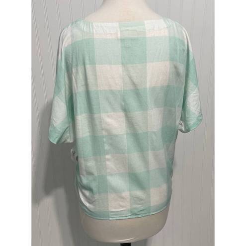 Style & Co . Gingham Tie Front Short Sleeve Button Up Linen Top Mint White Medium