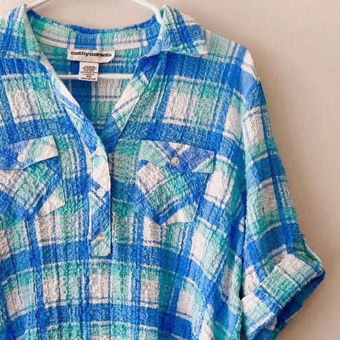 Cathy Daniels  Women's Blue Multi Plaid Crinkle Short Sleeve Shirt Top Size XXL