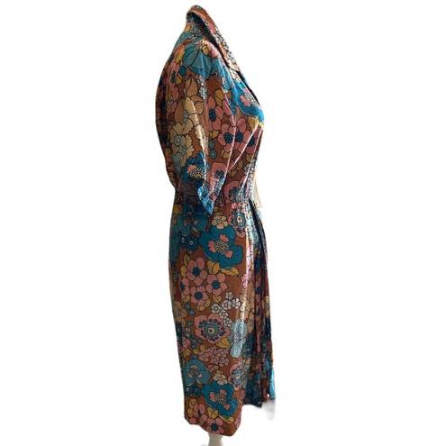 The Bar Dodo Or Printed Nancy Dress in Orange & Blue Medium Womens Midi Retro Floral