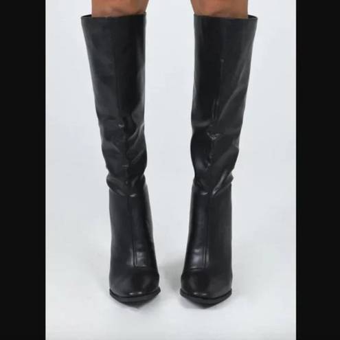 Princess Polly Keely Matte Black Faux Leather Knee High Heeled Boots 7